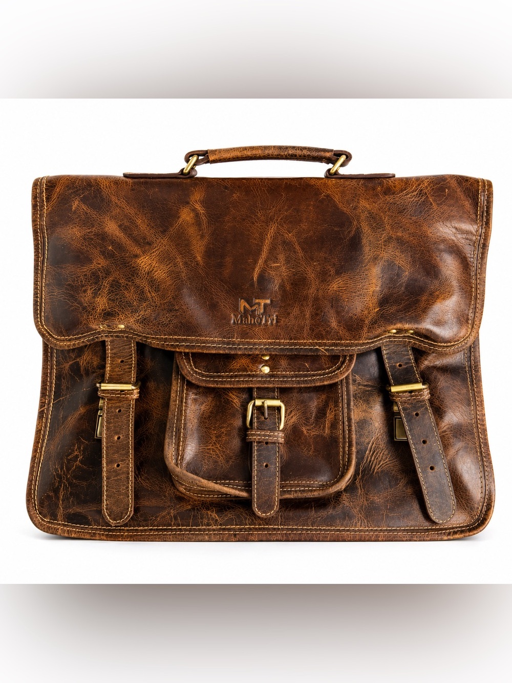 MT Distressed Brown Leather Messenger Bag Briefcase Laptop Satchel Unisex